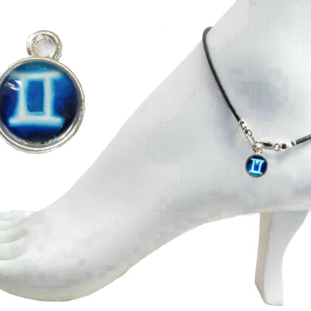Black Leather Anklet ~  Gemini Zodiac Charm